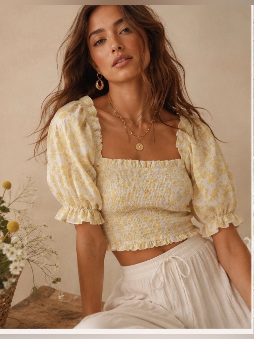 Charlie Holiday Yellow Floral Smocked Crop Top Size Small